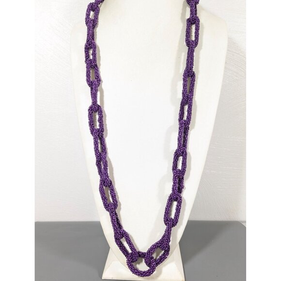 Purple Glasss Seed Bead Chain Link Long Layering Necklace Boho Beachy 40" - Picture 2 of 9